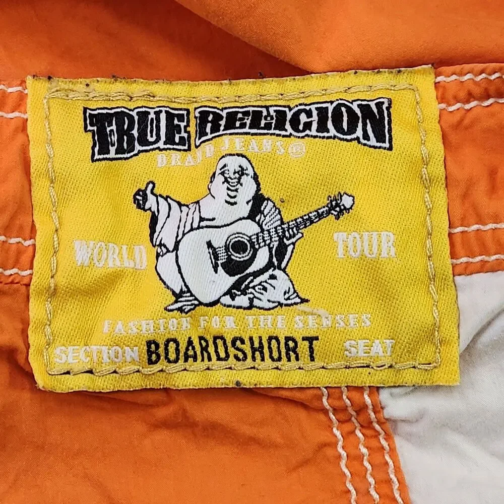 True Religion Retro Board Shorts Men's 40 Orange Swim Trunks Y2K 10